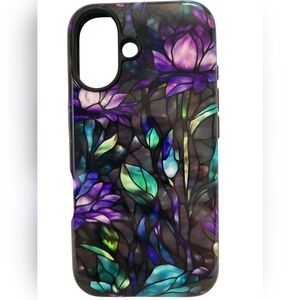 New iPhone 16 Tough Phone Case, Purple Green Black, Faux Stained Glass, Flowers